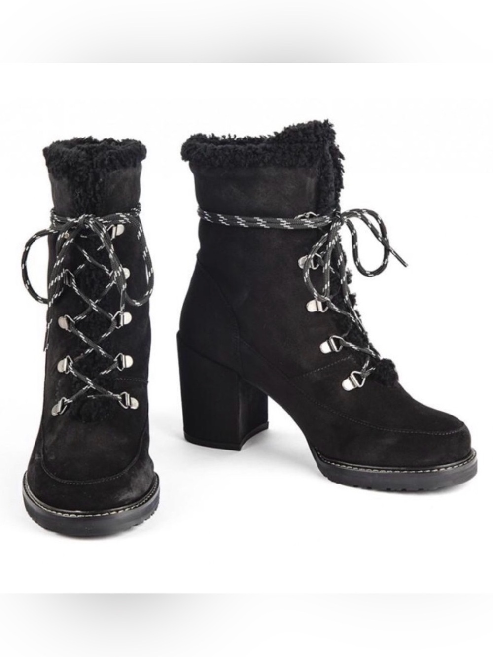 Stuart Weitzman YUKON Black Suede Shearling Lace Up Boots Size 10